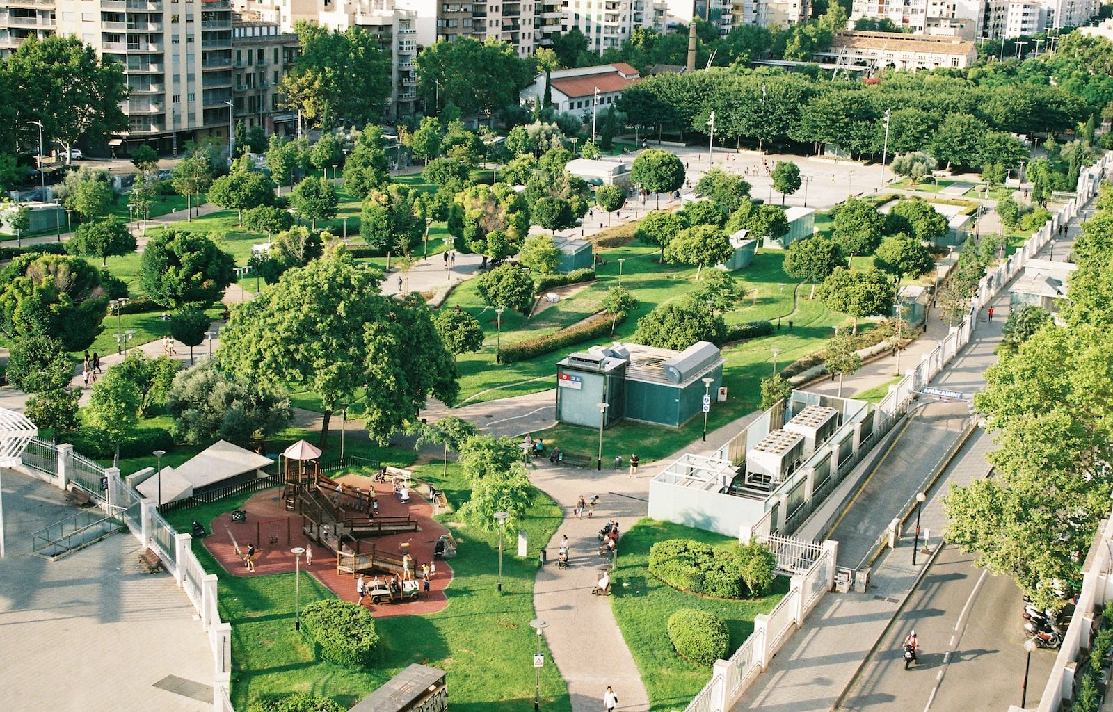 aerial photography plaza with trees and buildings