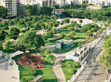 aerial photography plaza with trees and buildings