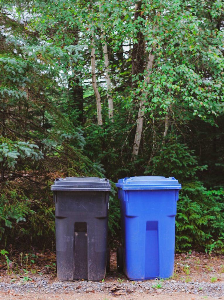 green and blue trash bins