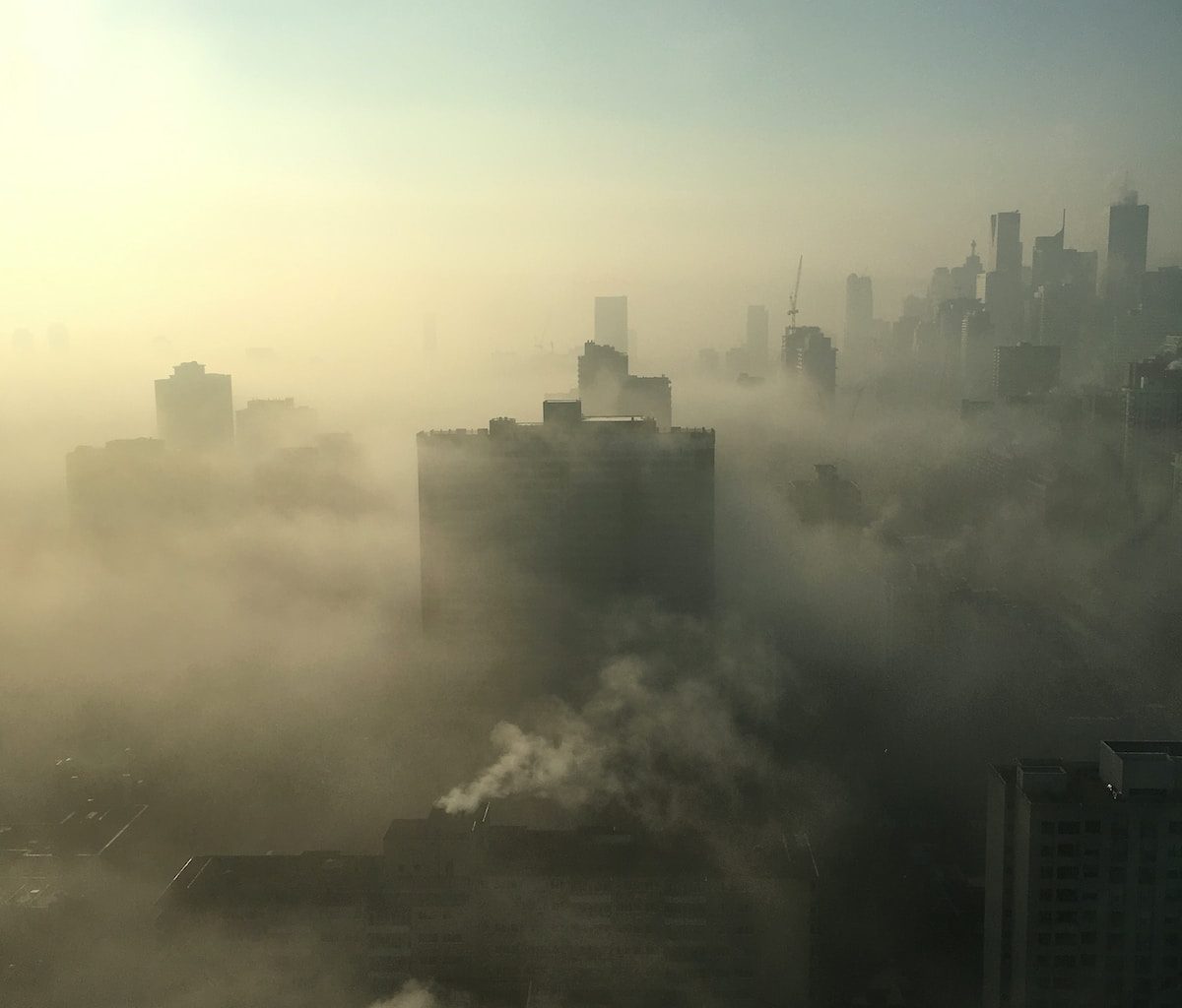 city with high-rise building covered with fogs